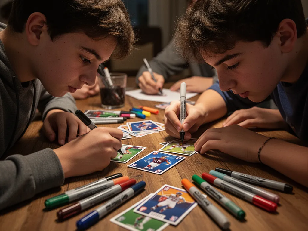 [Young person carefully designing custom sports cards with artistic materials and creative expression]