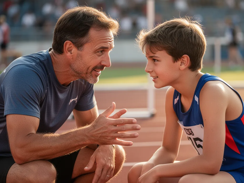 Coach providing encouragement and guidance to young athlete after competitive sports event outdoors.