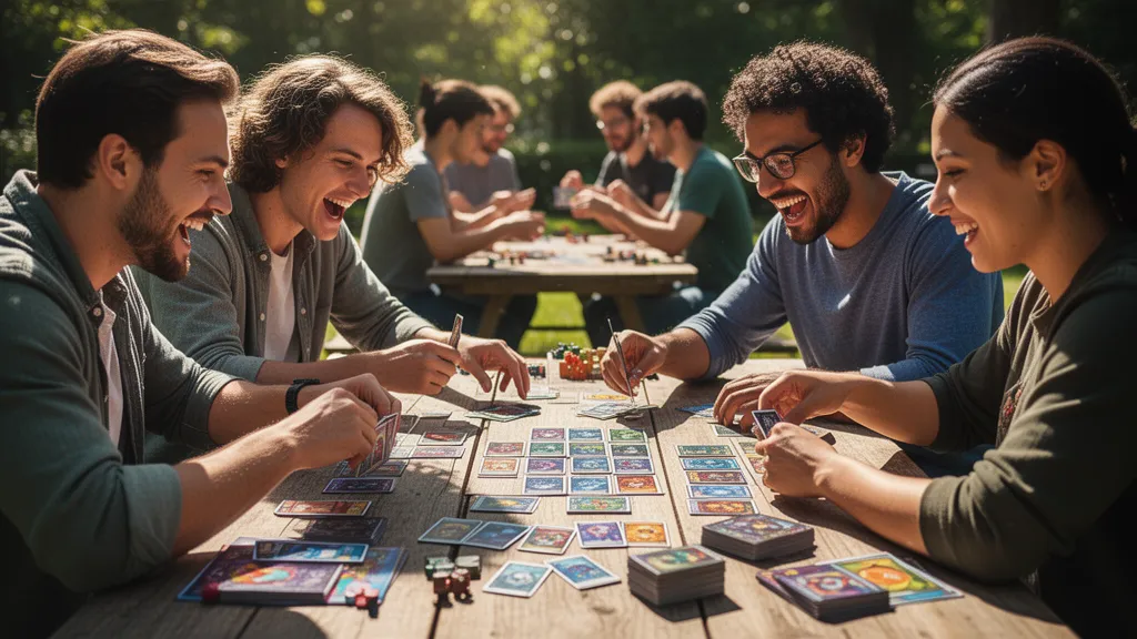 Card game creators and players collaborating outdoors around a table, designing and testing new game concepts in natural daylight.