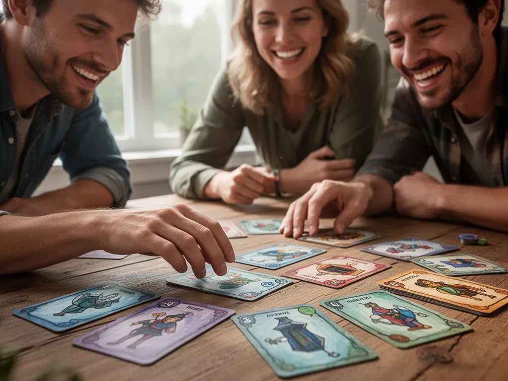 Card game creator's hands arranging custom cards while teammates celebrate the new game design with genuine excitement and pride.