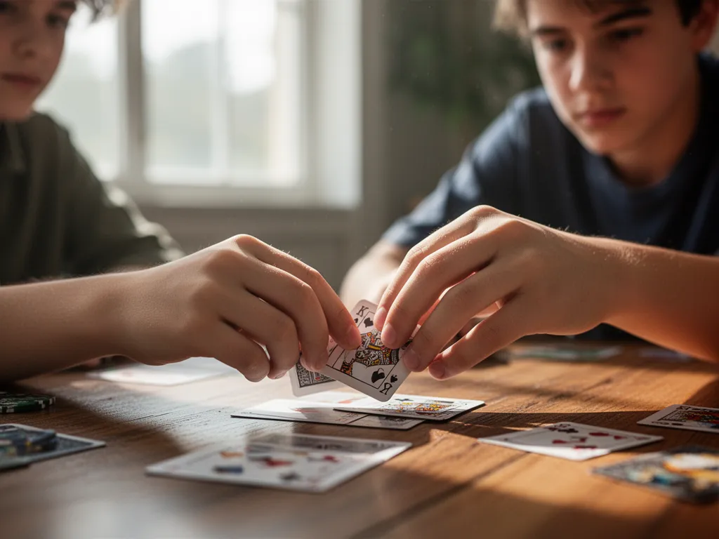 Young player's hands arranging cards with focused expression during strategic card game moment