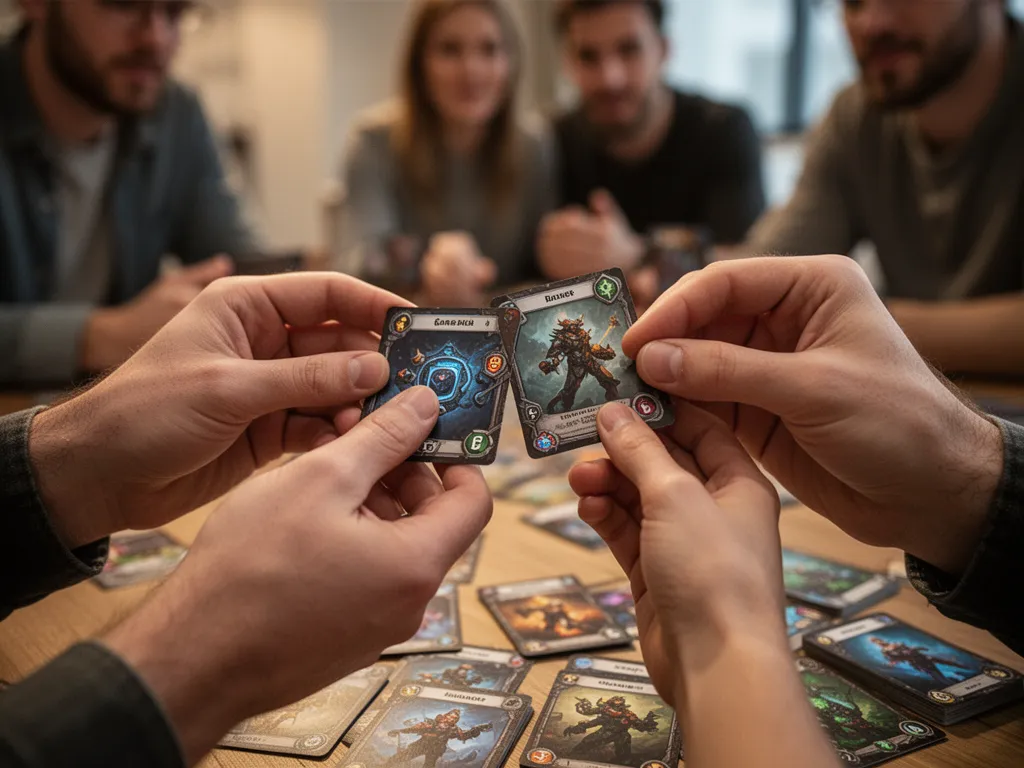 Hands closely inspecting prototype sports cards with developers reviewing designs in background
