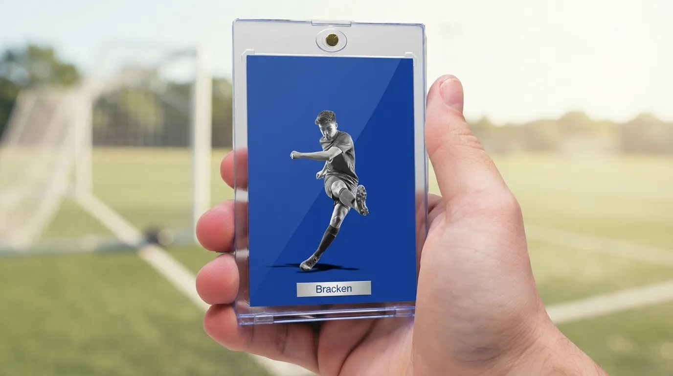 Hand holding magnetic case with card generator fc mobile soccer player card on blue field.