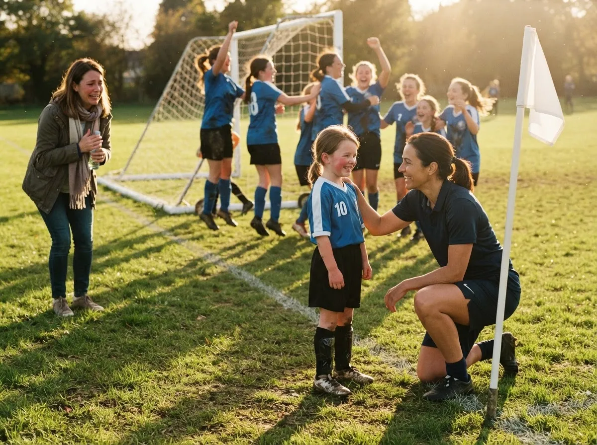 Coach and young soccer player share proud moment on sunny pitch near goal.