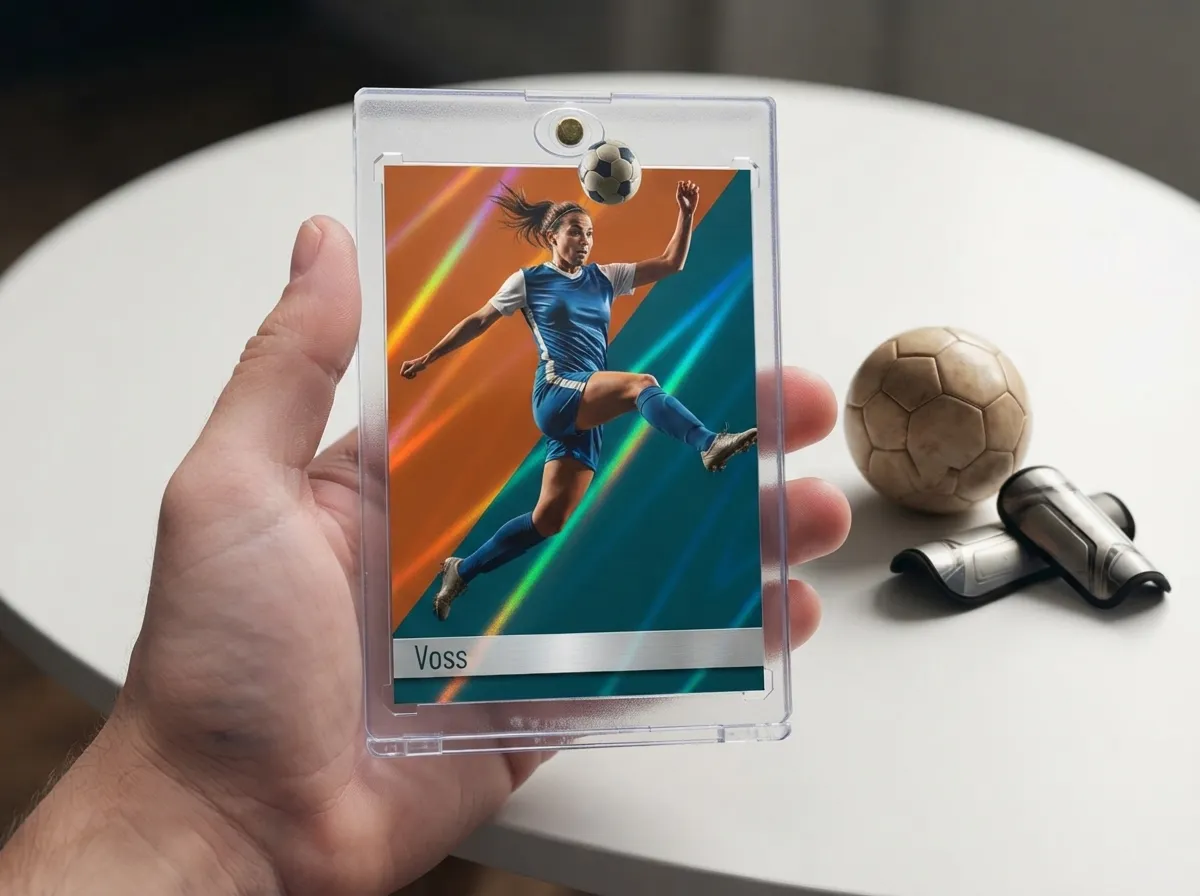 Custom soccer trading card in magnetic case showing player heading corner kick.
