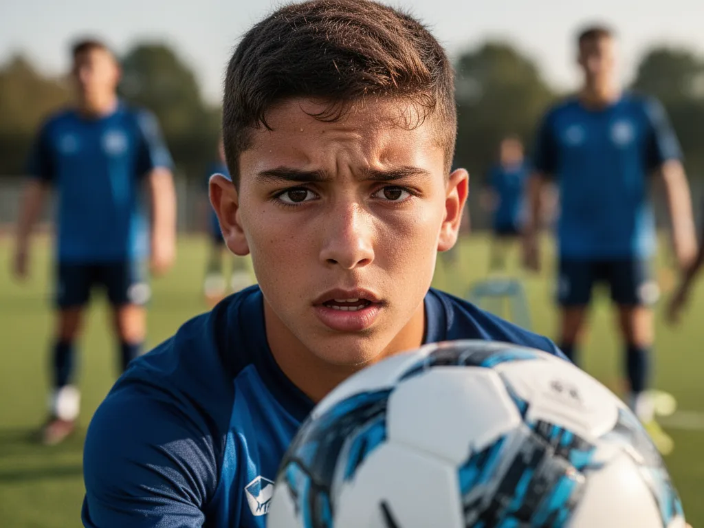 Young soccer player with determined expression during training with ball nearby