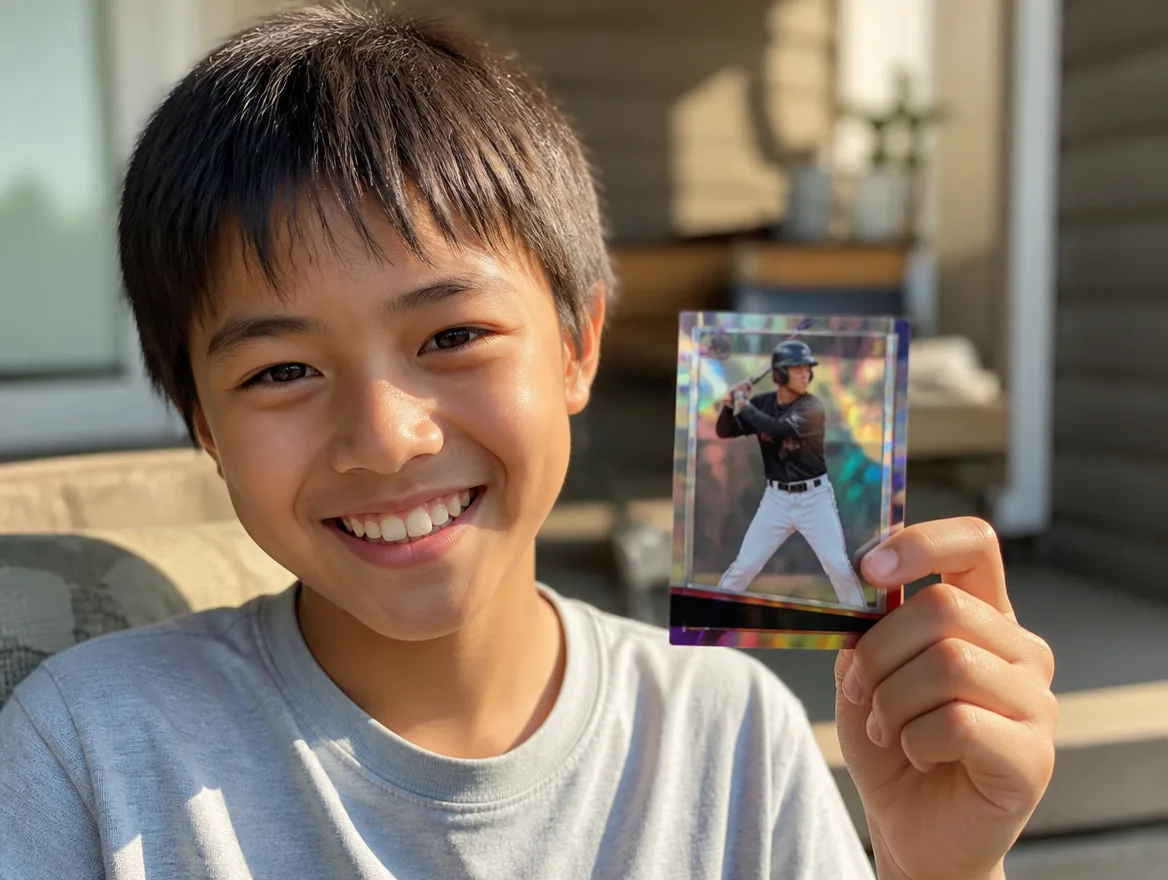 Person smiling while holding a custom holographic sports trading card