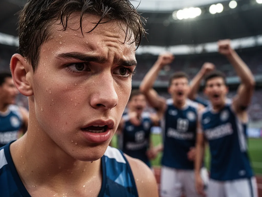 [Young athlete's determined expression during competitive moment with team celebration]