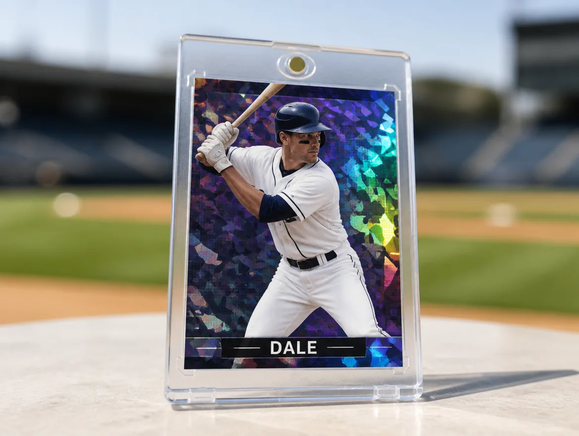 Custom sports trading card standing in a premium magnetic display case