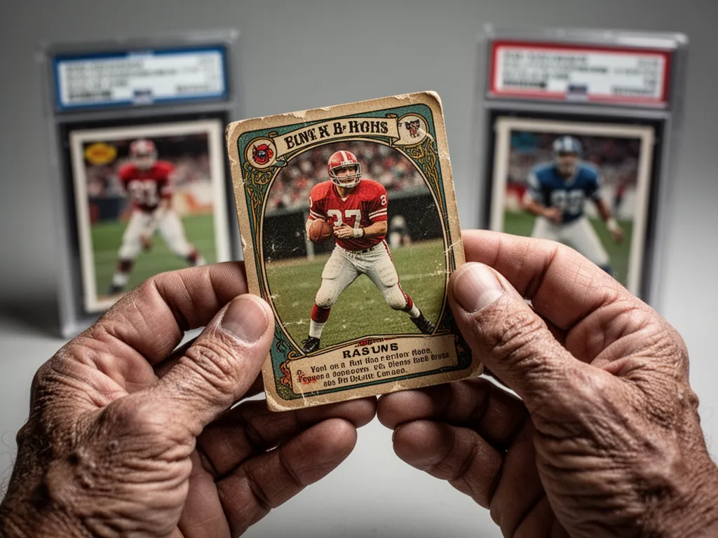 Detailed close-up of hands holding vintage sports card showing surface texture and condition grading assessment