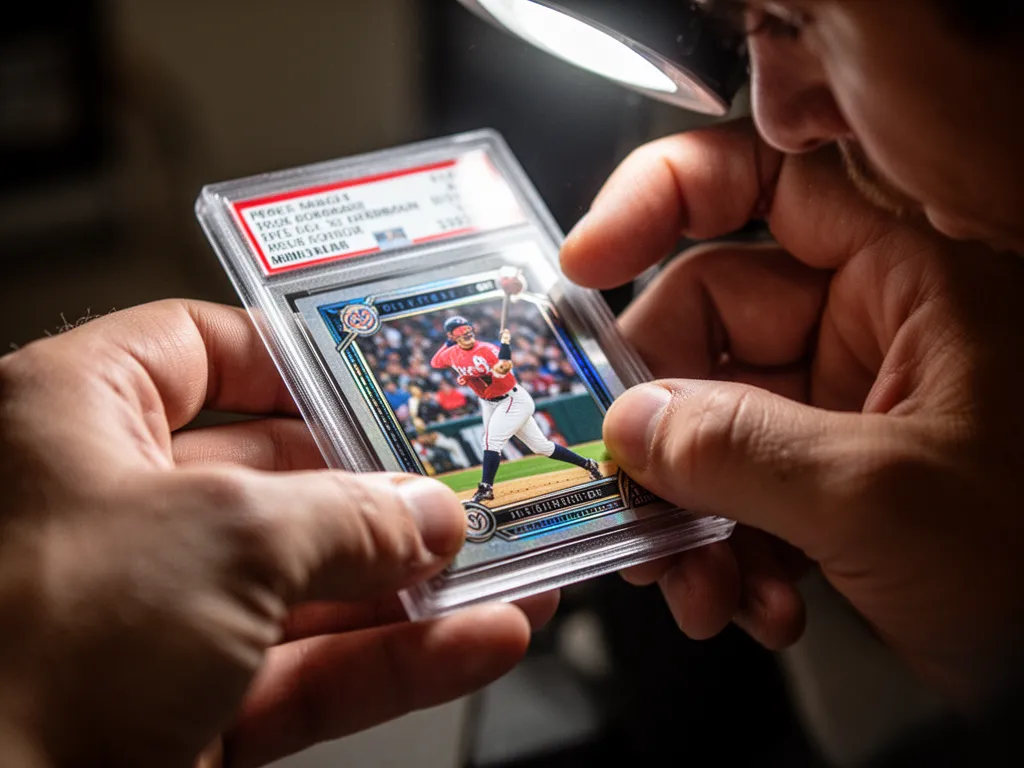 [Hands carefully holding and examining a graded sports card under professional lighting]