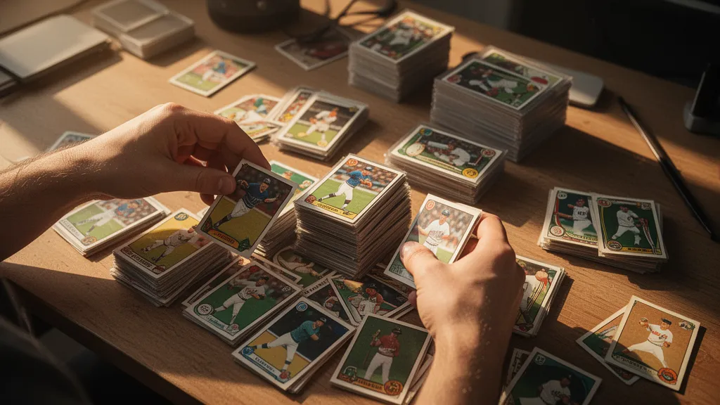 Collector's hands sorting through stacked sports trading cards on wooden desk with natural sunlight