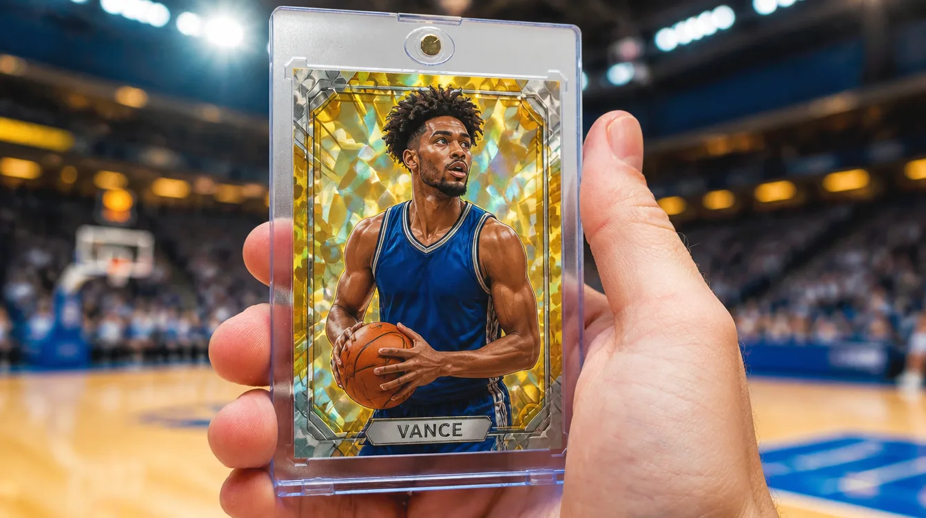 Custom holographic sports trading card in a one-touch magnetic display case