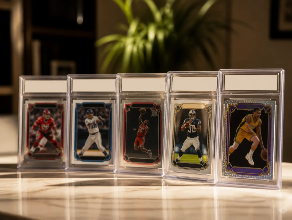 Graded trading cards in clear slabs from card grading companies on display