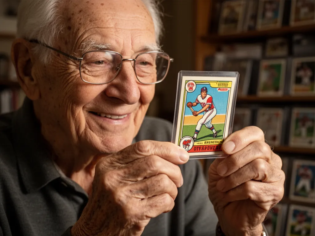 Elderly collector holding vintage card to light, examining it with pride and careful attention