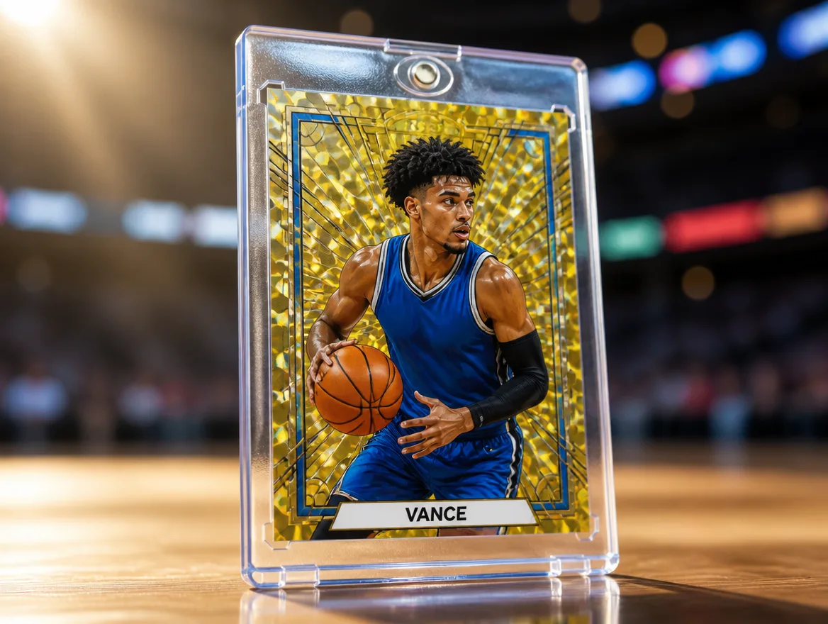 Custom sports trading card displayed upright in a premium magnetic case