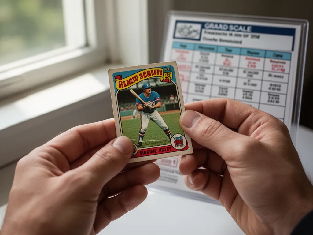 [Hands carefully holding a vintage sports card during professional grading inspection process]