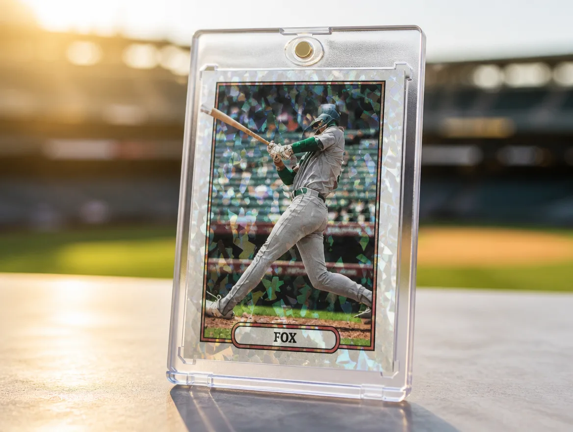 Custom baseball trading card standing in a premium magnetic display case