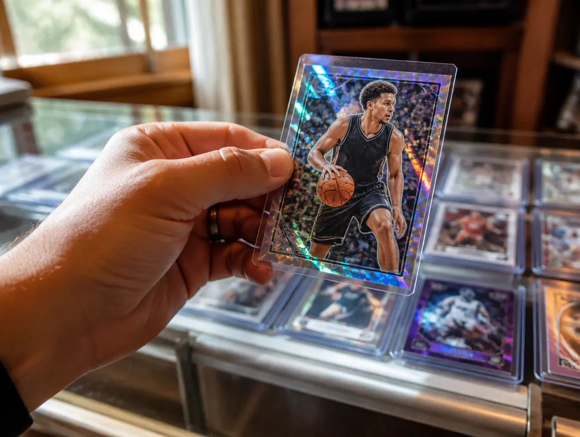 Collector examining a holographic card over a display case after card grading