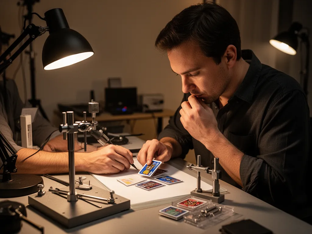 [professional card grader inspecting sports card condition with specialized evaluation tools]