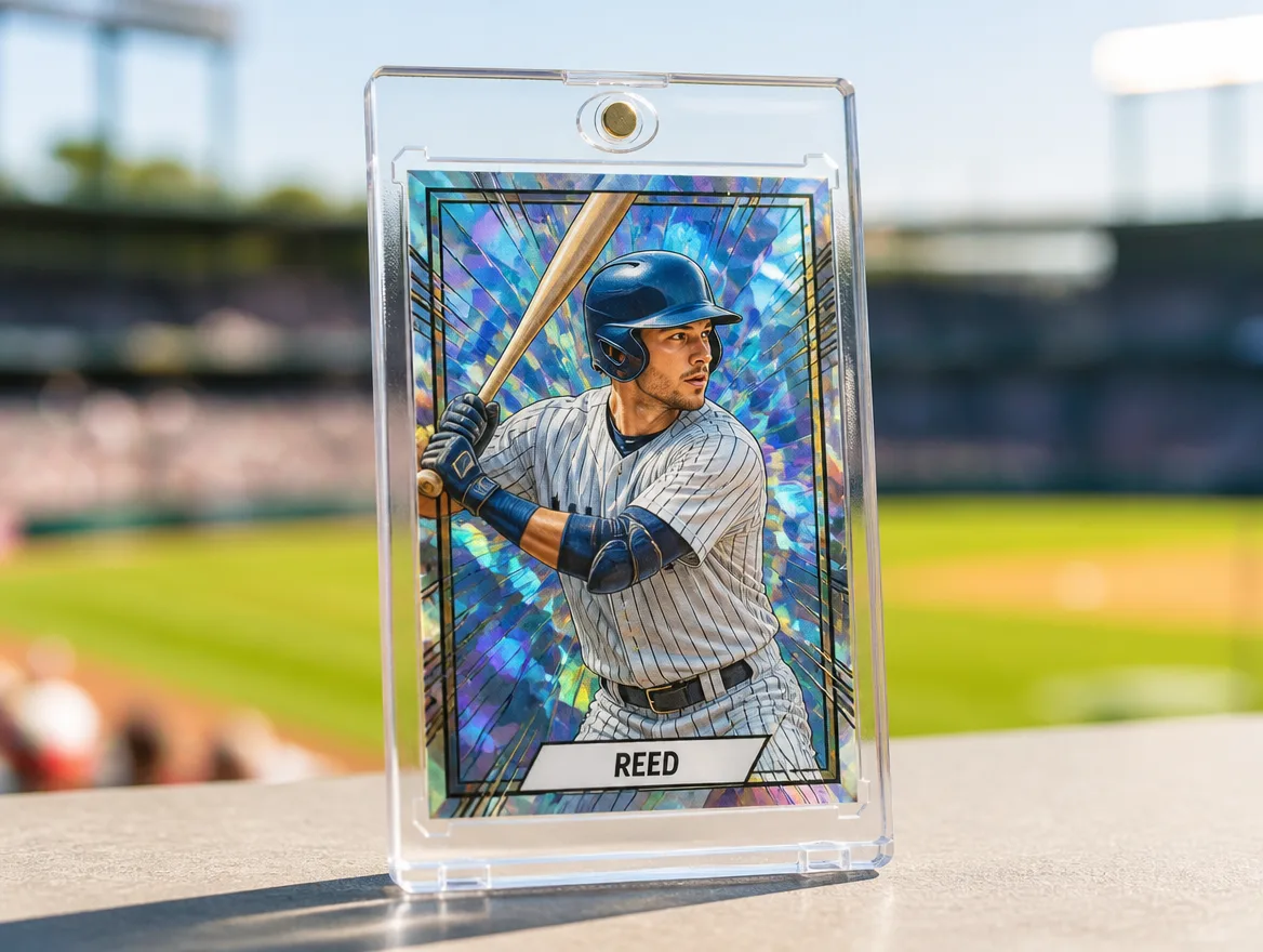 Custom sports trading card displayed upright in a premium magnetic case
