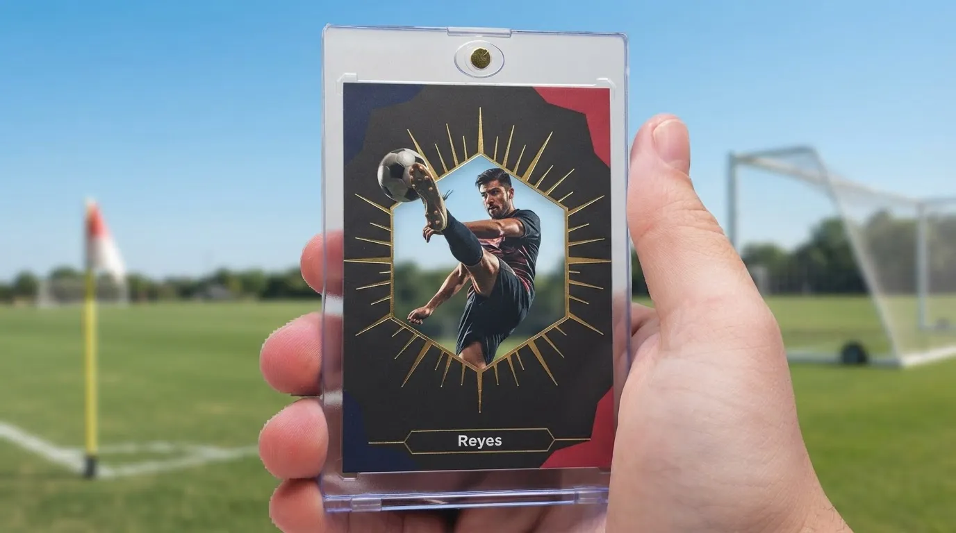 Soccer player holding a custom printed trading card made from a personal photo instead of an app card maker