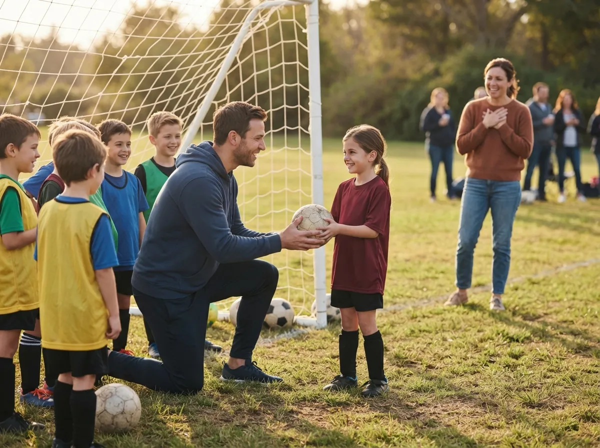 Youth soccer team celebrating with printed custom cards featuring their own game action photos