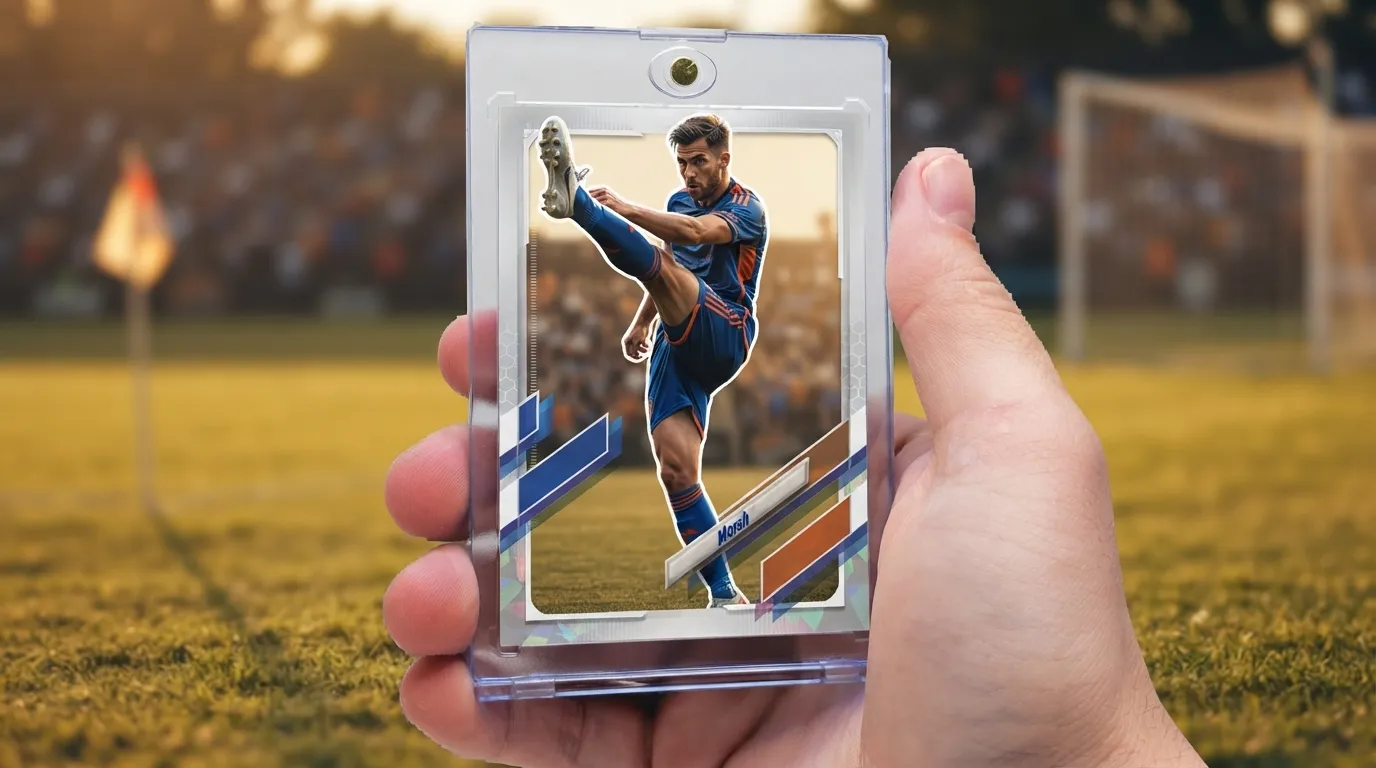 Hand holding magnetic case with card maker fifa card, golden-hour soccer pitch background.