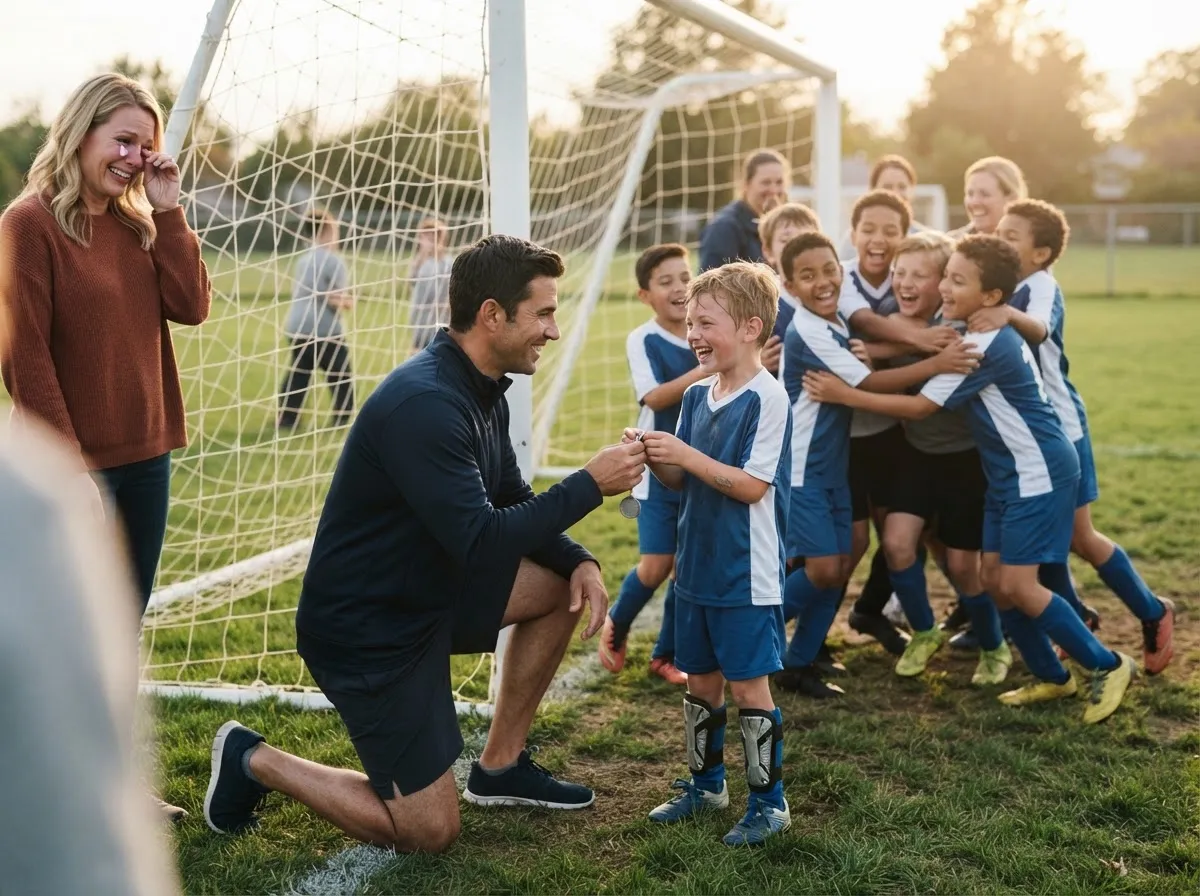 Coach and cheering young soccer team share an emotional celebration on the field.