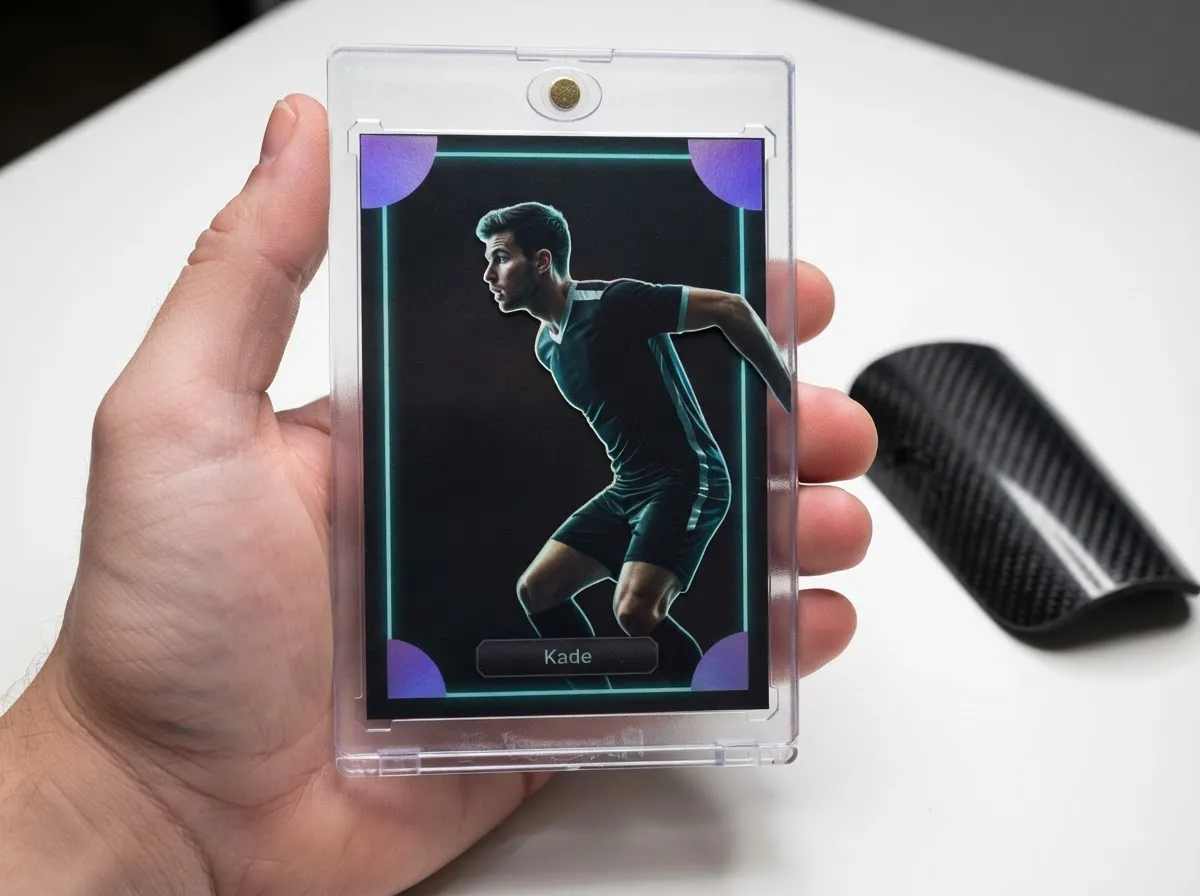 Custom soccer trading card in magnetic case, neon-edged after-dark design on white tabletop.