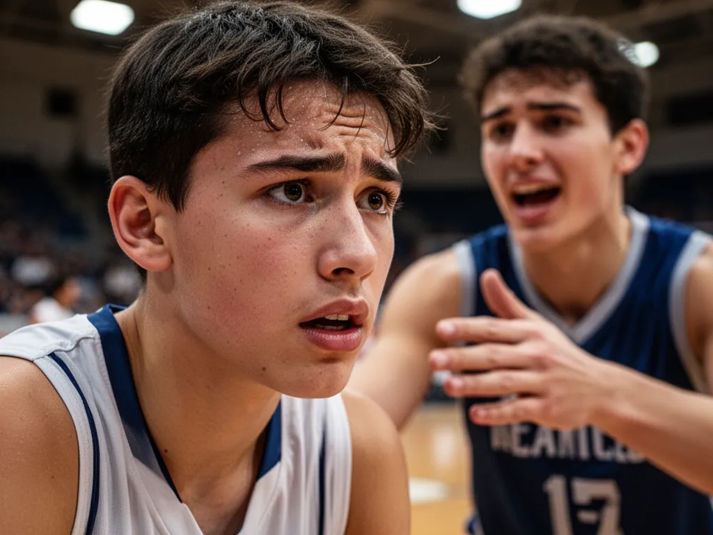 Young basketball player's concentrated face showing determination and passion during competitive play