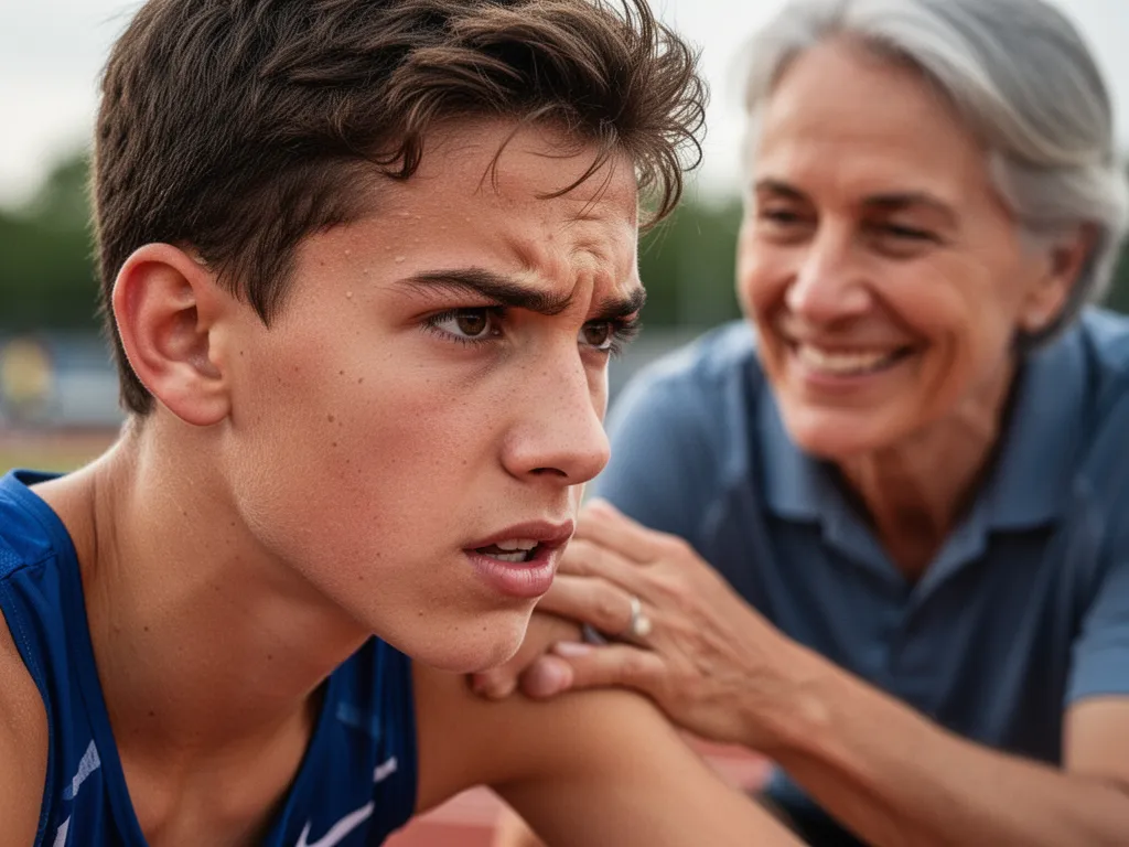 Young athlete's determined expression during competition with supportive adult in background