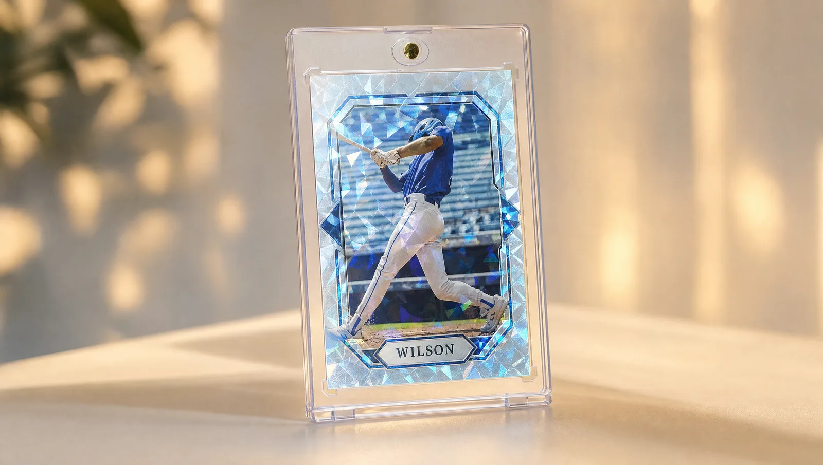 Custom card maker online free shown in a clear magnetic display case