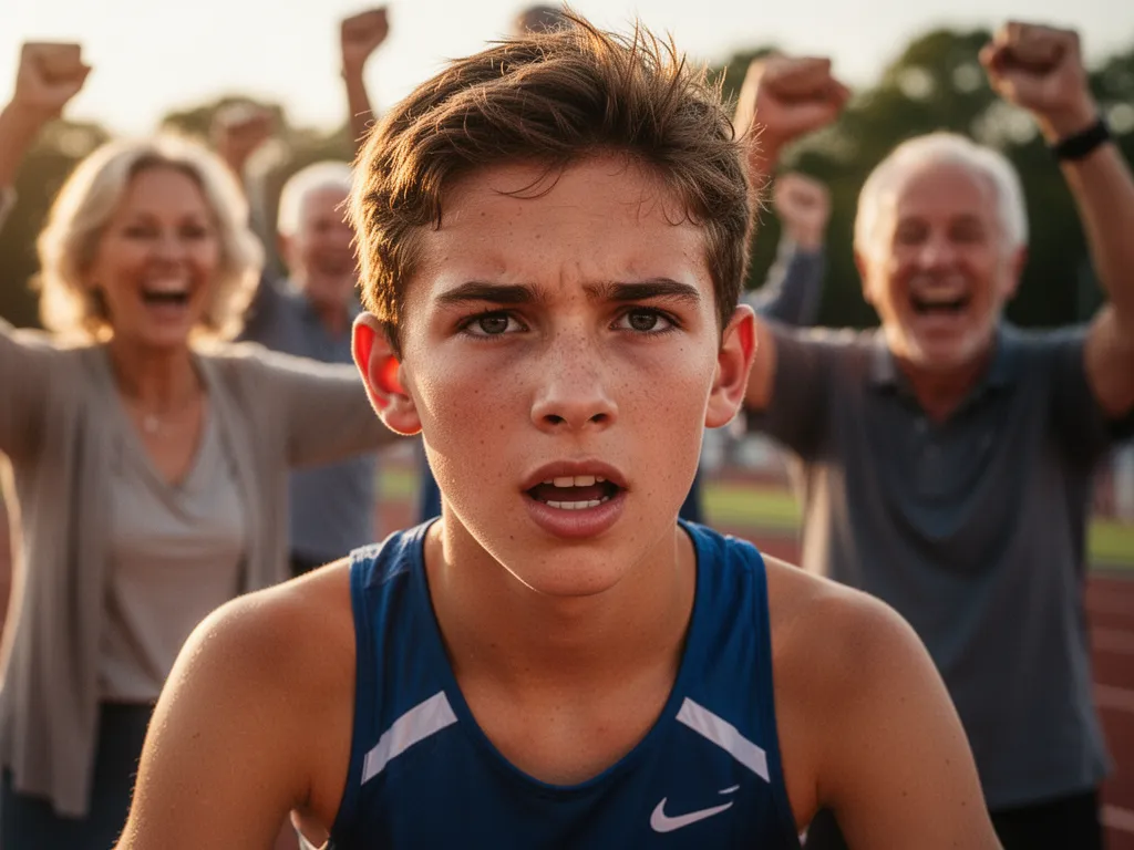 Young athlete showing determination with proud parents celebrating in blurred background
