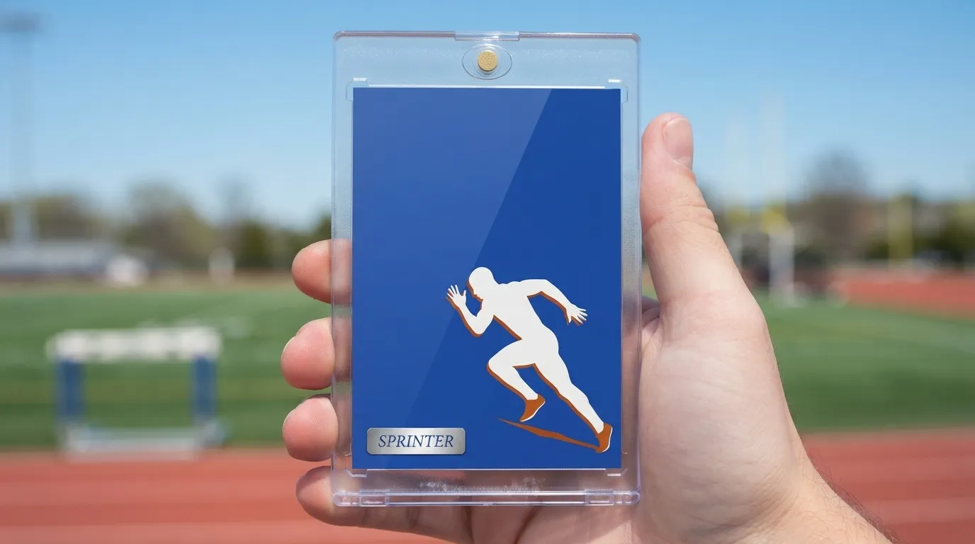 Hand holding magnetic case with card maker cobalt-blue sprinter card, bright outdoor sunlight.