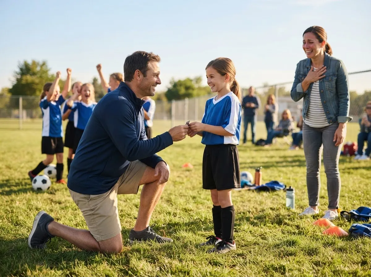 Coach and young athlete share a proud emotional moment on a sunny sports field.