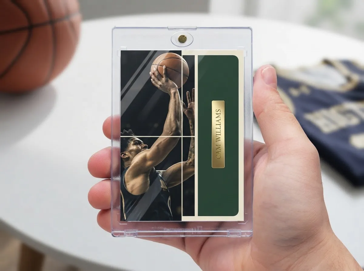Hand holding magnetic case with custom sports trading card, split photo and green panel design.
