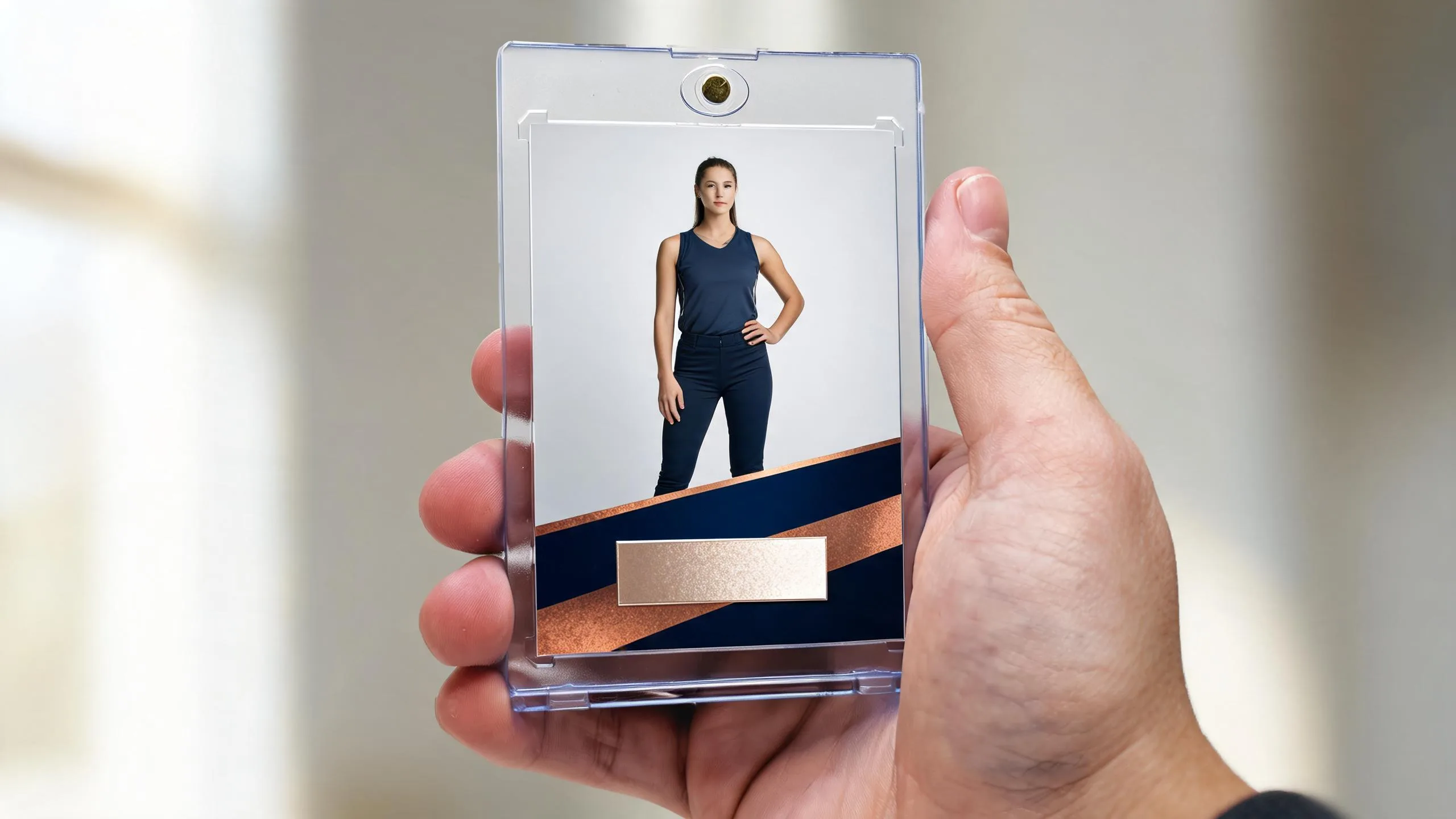 Hand holding magnetic case with custom athlete card, an example of card making templates.