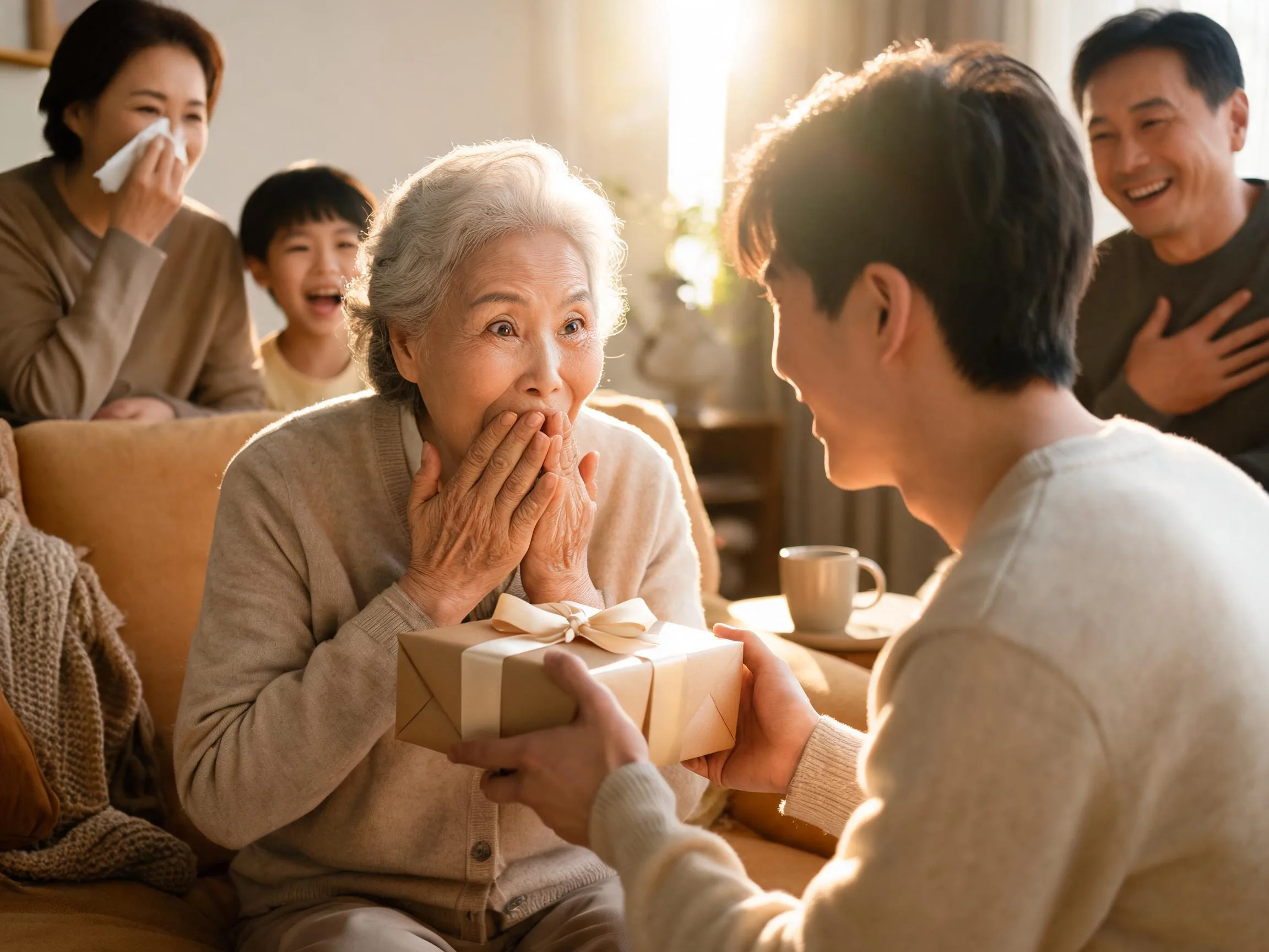 Grandparent's genuine surprised joy receiving an unexpected gift from family, warm lighting.