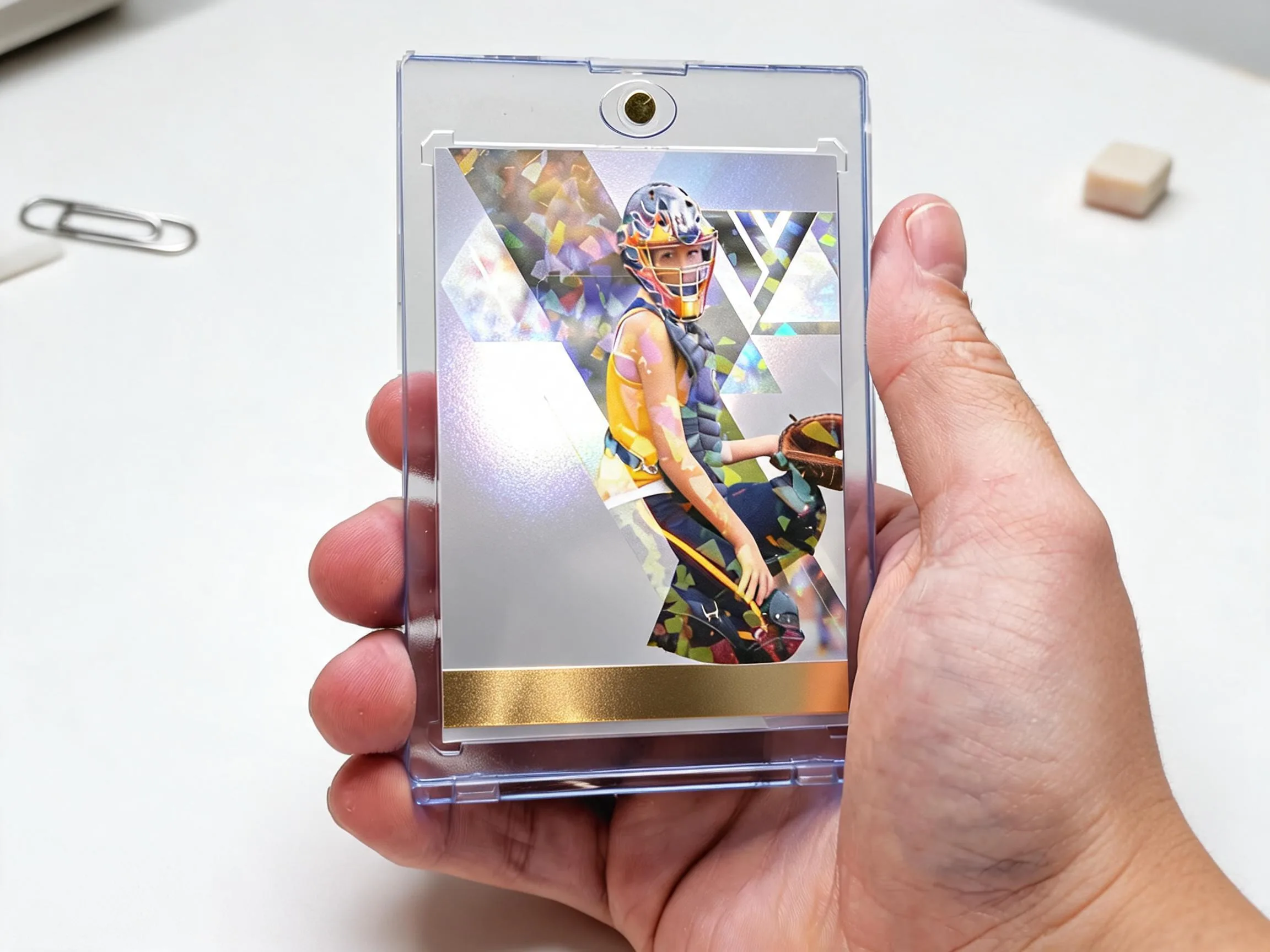 Custom keepsake trading card with foil bar in a clear magnetic protective case.