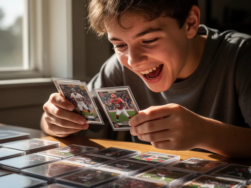 Young collector's hands examining sports cards with focused concentration and genuine joy