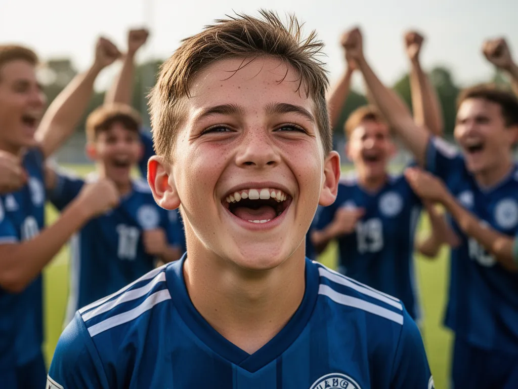 Young soccer player smiling with joy after scoring, teammates blurred in celebratory background