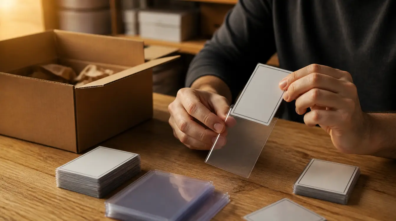 Blank trading cards being sealed into protective sleeves beside a shipping box
