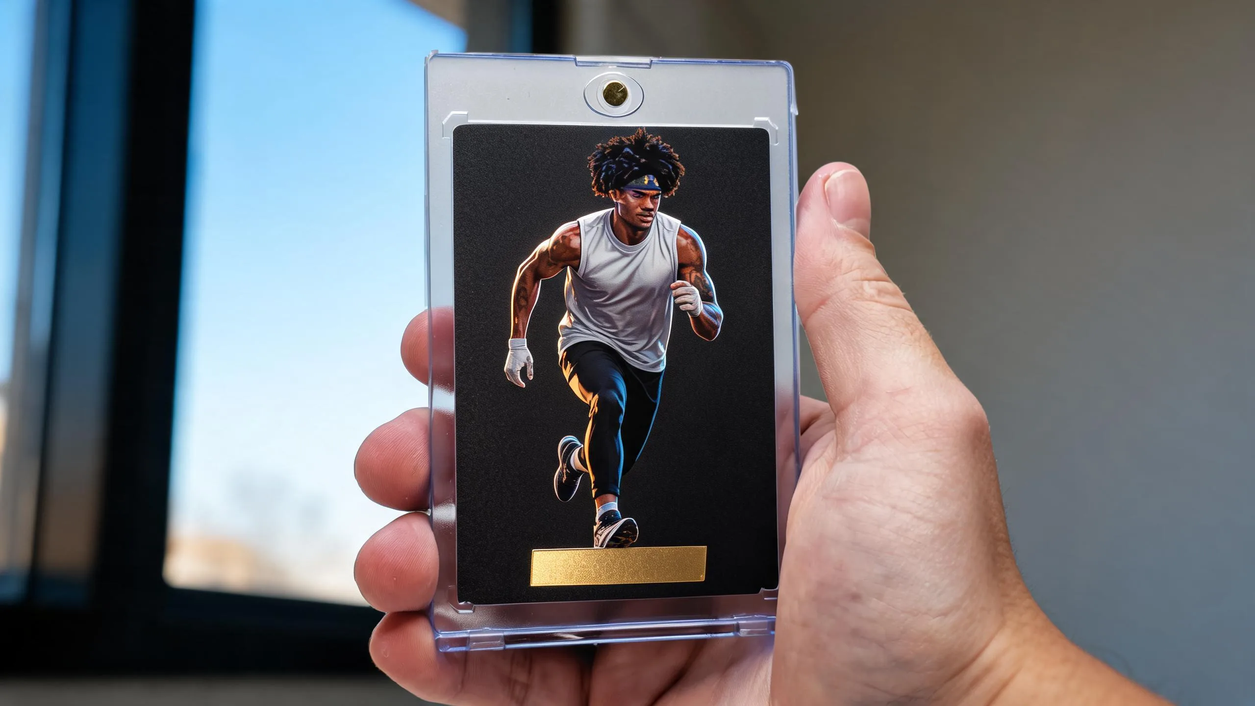 Hand holding magnetic case with premium dark foil trading card, card shop des moines showcase