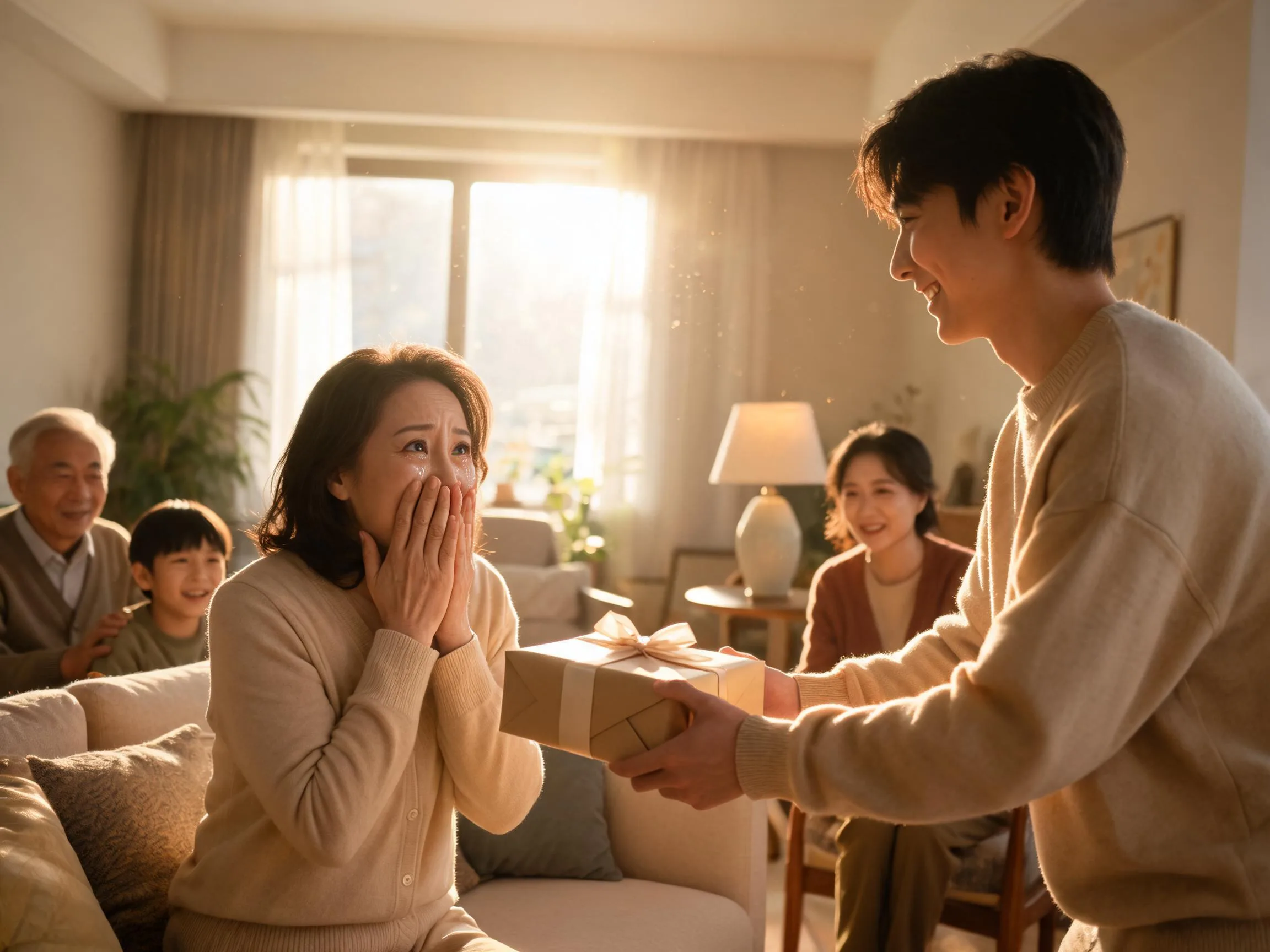 Family member reacting with genuine surprise and joy while receiving an unexpected gift