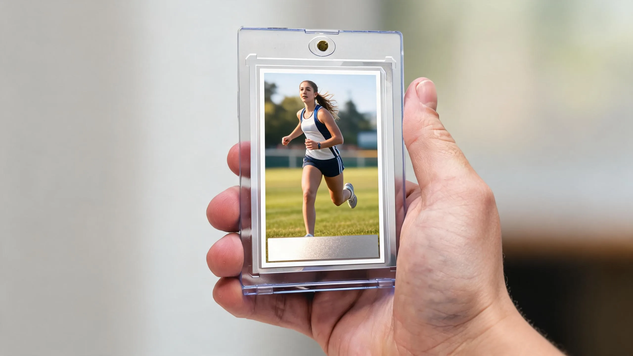 Hand holding a magnetic case with a custom keepsake card, illustrating card shop near me results.