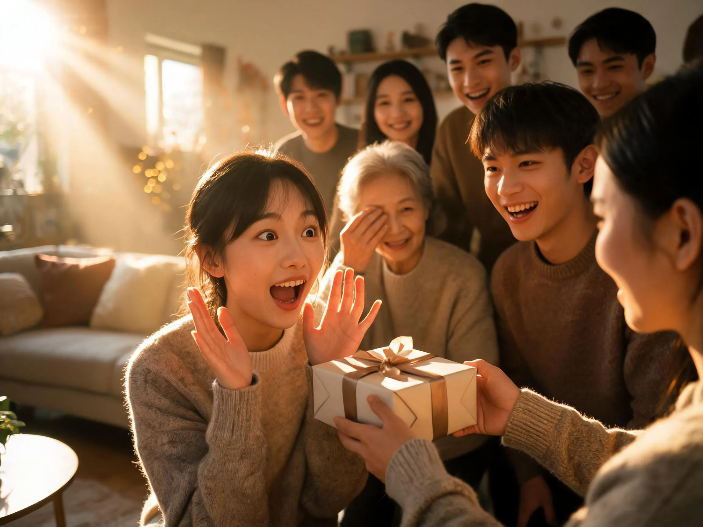 Family surprising a loved one with an unexpected gift, warm candid emotional reaction indoors.