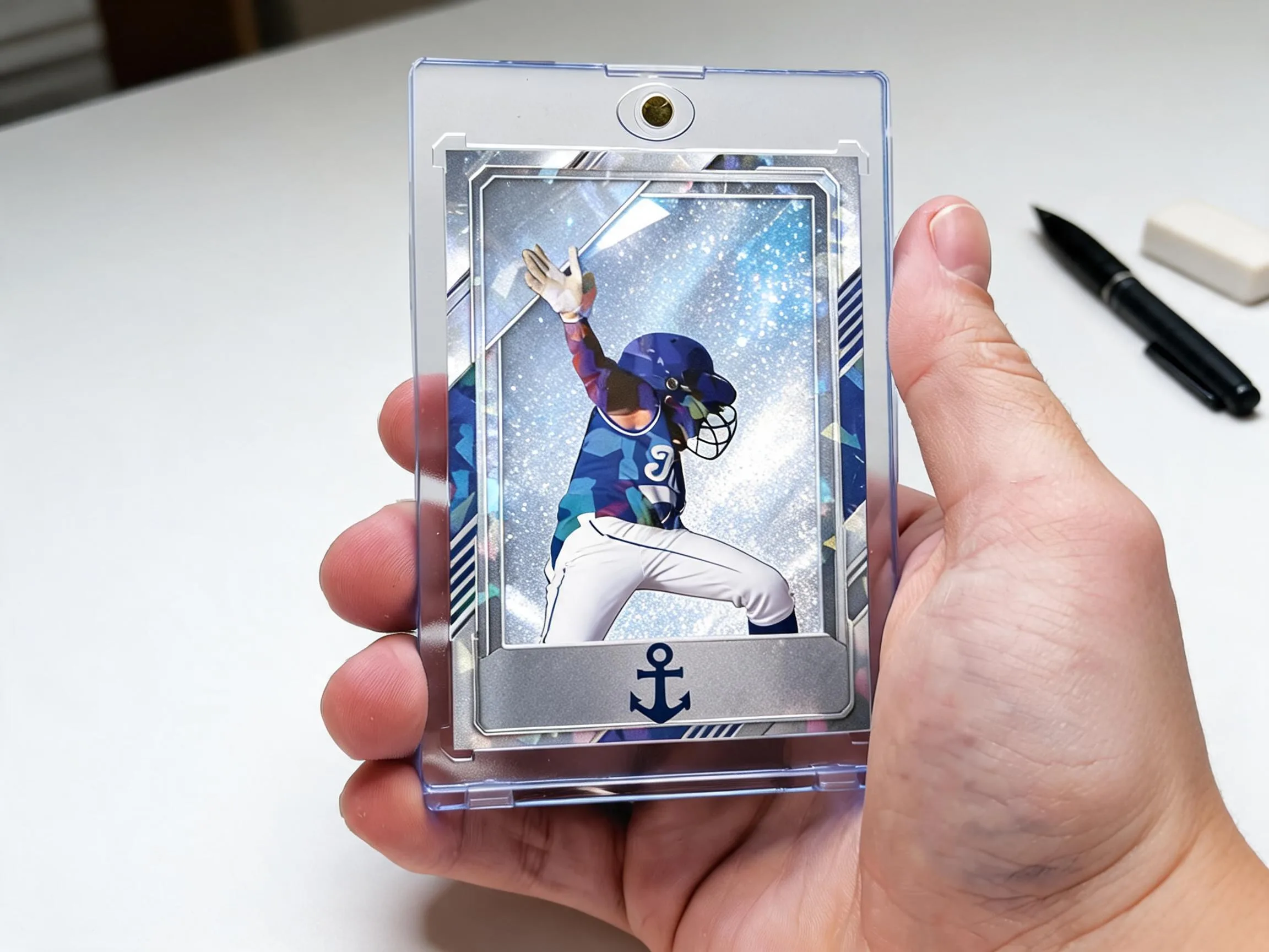 Custom keepsake trading card in a clear magnetic case on a white tabletop display.