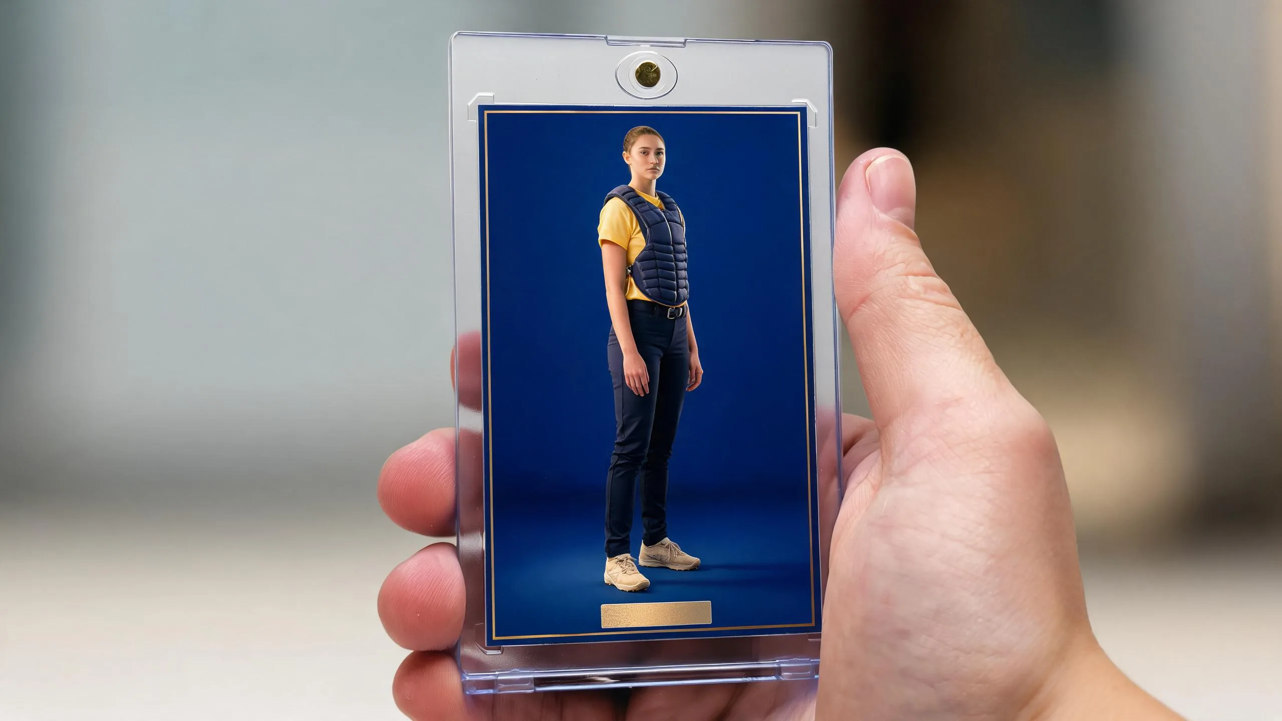 Hand holding a magnetic card shop case with a blank cobalt athlete card, studio lit.