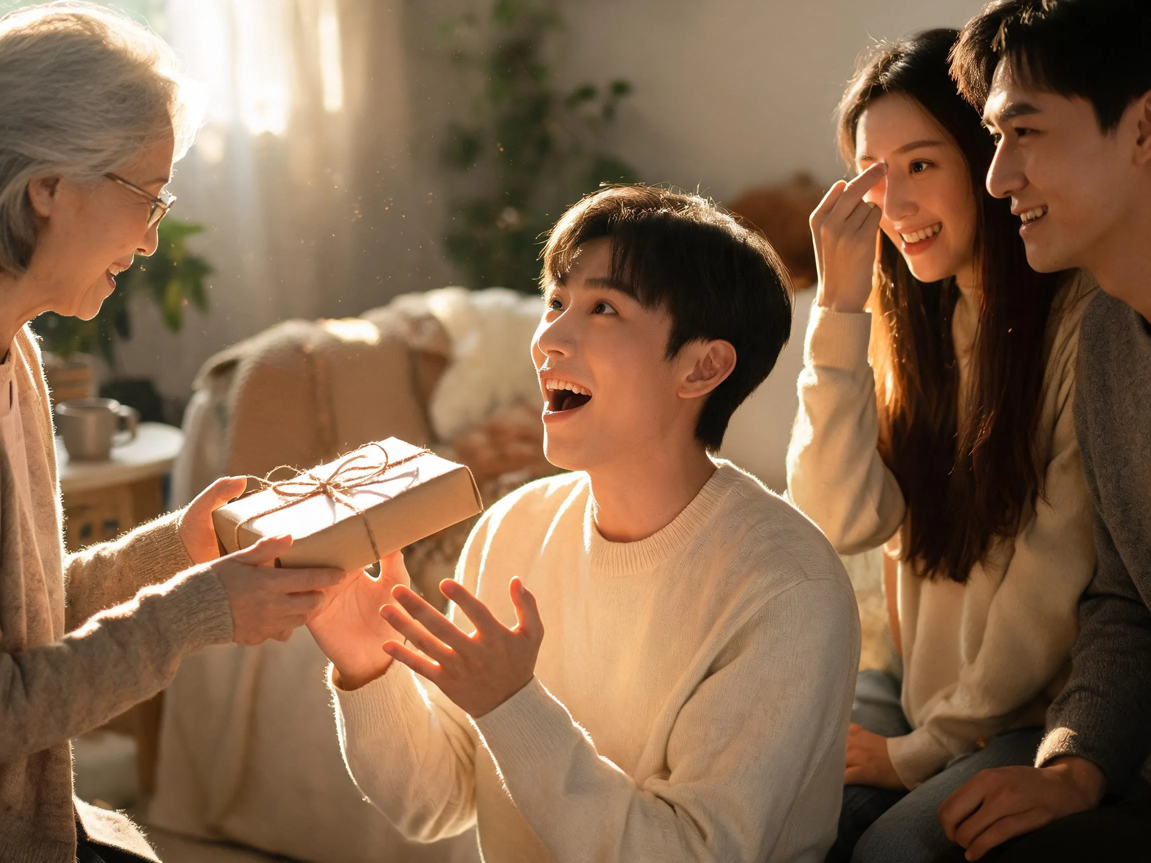 Person reacting with joyful surprise while being handed an unexpected wrapped gift indoors.